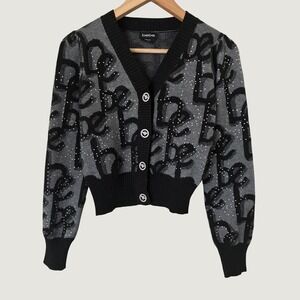 Bebe Rhinestone Logo Cardigan Sweater Grey Black Cropped Grunge Goth M Neutral